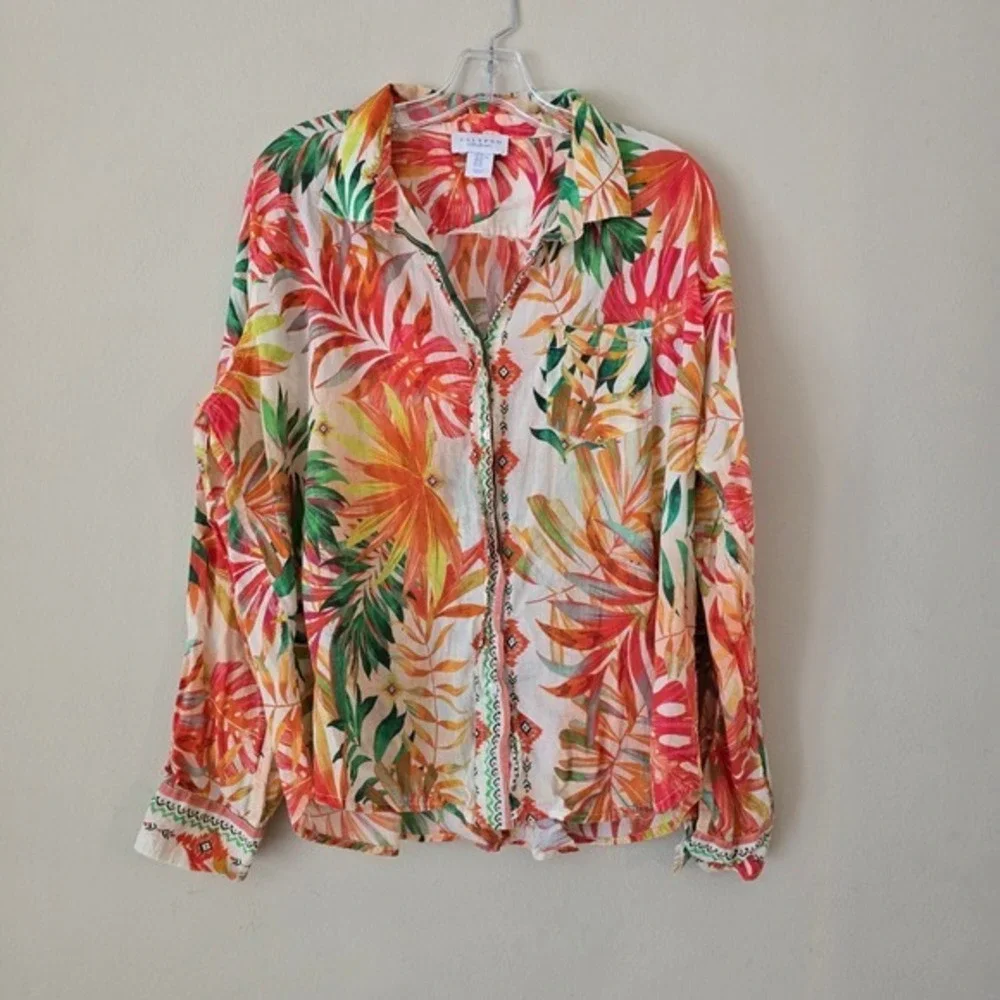 Calypso St Barth Tropical Leaf Print Embroidered Button Down Shirt XL Orange Red